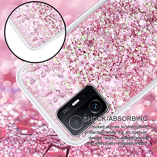 Pnakqil Glitter Liquida Funda con Cuerda para Xiaomi 11T/Xiaomi 11T Pro (5G) 6.67"+ 1 Pack Protector de Pantalla,Carcasa con Colgante Ajustable Collar Correa de Cuello Cadena Cordón-Oro Rosa