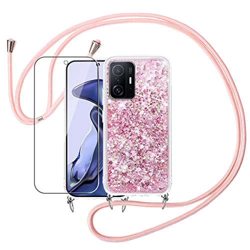 Pnakqil Glitter Liquida Funda con Cuerda para Xiaomi 11T/Xiaomi 11T Pro (5G) 6.67"+ 1 Pack Protector de Pantalla,Carcasa con Colgante Ajustable Collar Correa de Cuello Cadena Cordón-Oro Rosa