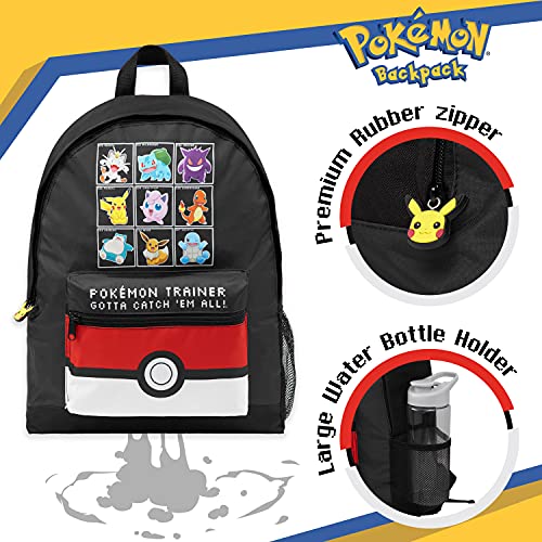 Pokemon Mochilas Escolares, Mochila Niño con Pikachu, Pokeball Y Pokémons, Mochila Infantil para Colegio Deporte Viajes, Regalos Para Niños y Adolescentes (Negro/Rojo)