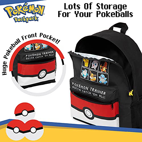 Pokemon Mochilas Escolares, Mochila Niño con Pikachu, Pokeball Y Pokémons, Mochila Infantil para Colegio Deporte Viajes, Regalos Para Niños y Adolescentes (Negro/Rojo)