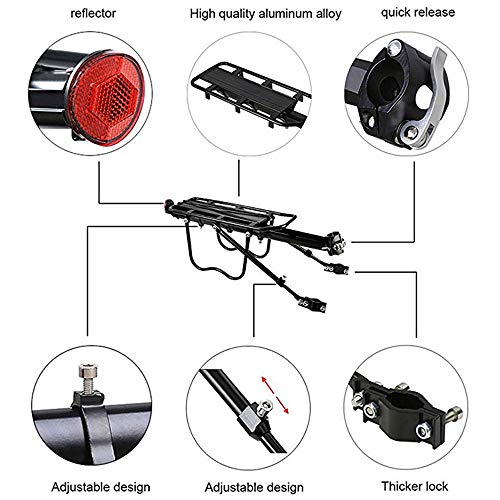 PopHMN Portaequipajes para Bicicleta, Parrilla Trasera Ajustable para Bicicleta, Asiento Trasero de aleación de Aluminio con Reflector, Capacidad de 50 kg para la mayoría de Las Bicicletas