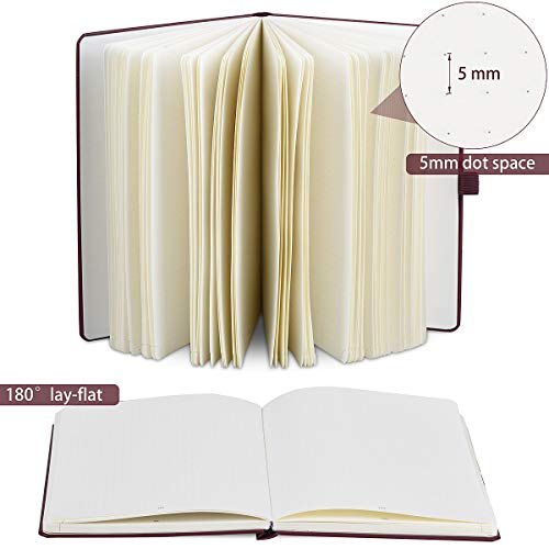 POPRUN Cuaderno Punteado Bullet Journal A5 de Tapa Dura - Libreta Puntos con 3 Índice y 235 Páginas Numeradas, Bucle de Lápiz y Bolsillo, Borgoña