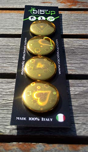 Porta dorsal magnético para la fijación del número de carrera ciclismo (paquete de 4), imanes de puerta dorsal para fijar el número de carrera, accesorios para el maratón (3D Brillante Corazón Oro)