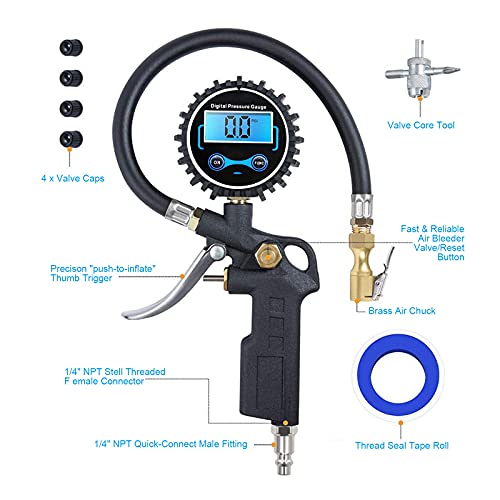 Power Manómetro Digital de presión de neumáticos,APKLVSR inflador de neumáticos con manómetro de 200 PSI, Mandril de Aire de Alta Resistencia con manómetro para compresor de Aire, Muy preciso