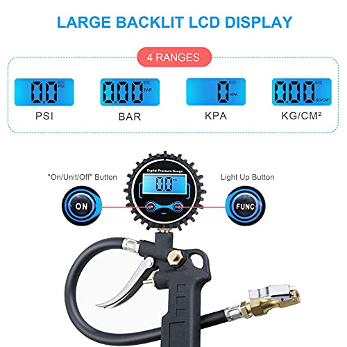 Power Manómetro Digital de presión de neumáticos,APKLVSR inflador de neumáticos con manómetro de 200 PSI, Mandril de Aire de Alta Resistencia con manómetro para compresor de Aire, Muy preciso