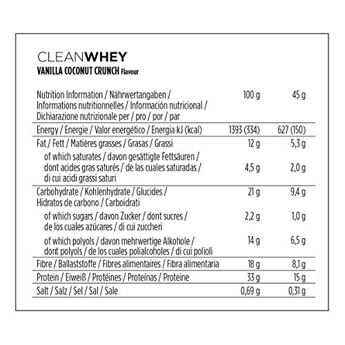 PowerBar Clean Whey Vanilla Coconut Crunch 18x45g - Barras de Proteína con Bajo Contenido de Azúcar