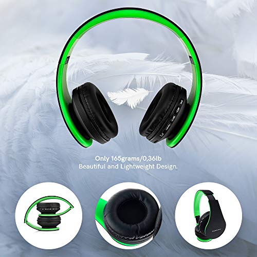 PowerLocus P1 – Auriculares Bluetooth inalambricos de Diadema Cascos Plegables, Casco Bluetooth con Sonido Estéreo con Conexión a Bluetooth Inalámbrico y Cable para Movil, PC, Tablet - Negro/Verde