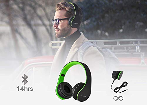 PowerLocus P1 – Auriculares Bluetooth inalambricos de Diadema Cascos Plegables, Casco Bluetooth con Sonido Estéreo con Conexión a Bluetooth Inalámbrico y Cable para Movil, PC, Tablet - Negro/Verde