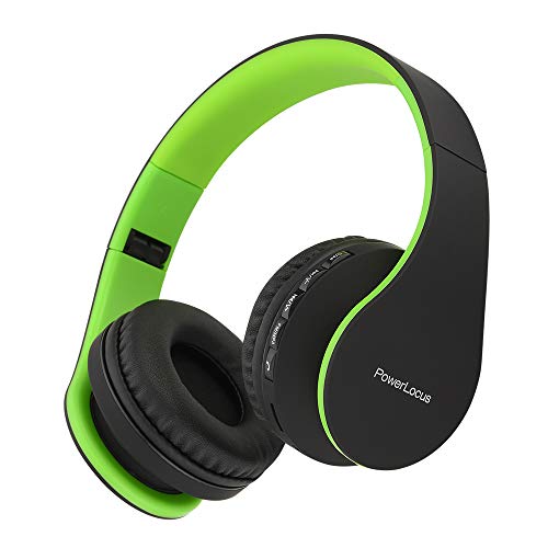 PowerLocus P1 – Auriculares Bluetooth inalambricos de Diadema Cascos Plegables, Casco Bluetooth con Sonido Estéreo con Conexión a Bluetooth Inalámbrico y Cable para Movil, PC, Tablet - Negro/Verde