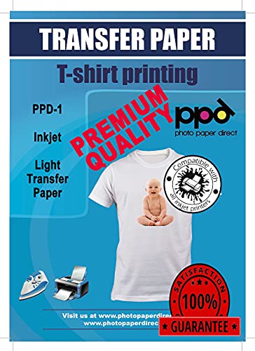 PPD A4 x 10 Hojas de Papel de Transferencia Térmica Para Camisetas, Mascarillas y Tejidos Claros - Para Impresoras de Inyección de Tinta Inkjet - PPD-1-10