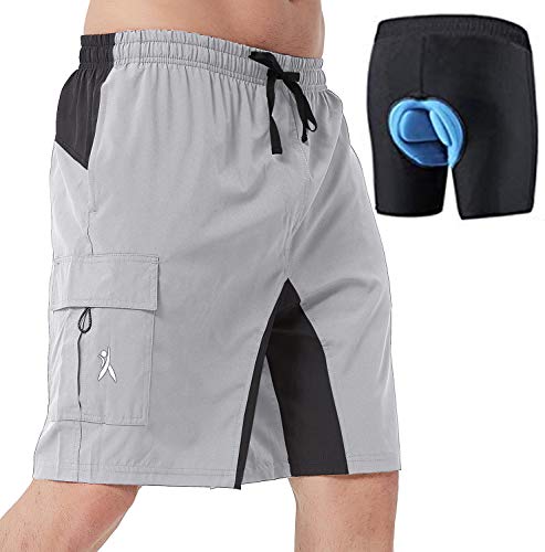 Priessei - Pantalones cortos para bicicleta de montaña, ligeros y de ajuste holgado, acolchados - Gris - Large