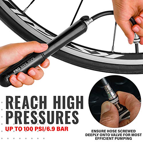 PRO BIKE TOOL Mini bomba de bicicleta Edición Premium, se adapta a válvulas Presta y Schrader - PSI de alta presión - Bomba de neumáticos de bicicleta para bicicletas de carretera y montaña