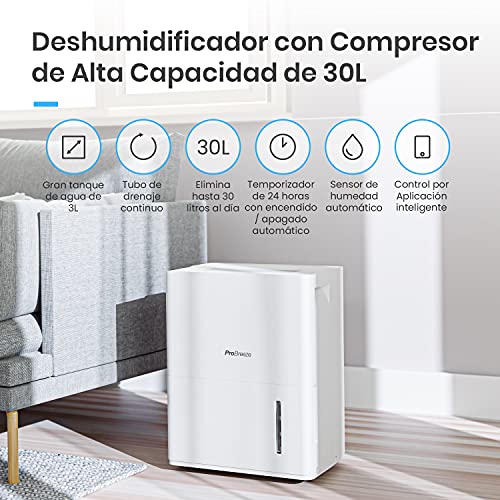 Pro Breeze Deshumidificador 30L/día Wifi con App, Modo Tubo, Automático y Continuo, Secado de Ropa, Sensor de Humedad, Temporizador, Tanque de Agua y Drenaje Continuo, Elimina Humedad y Condensación