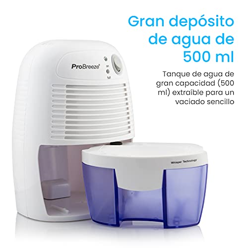 Pro Breeze Mini Deshumidificador 500ml Eléctrico, Silencioso y Portátil. Apagado automático. Contra la Humedad y el Olor. Elimina el Moho de la Habitación, Baño y Cocina