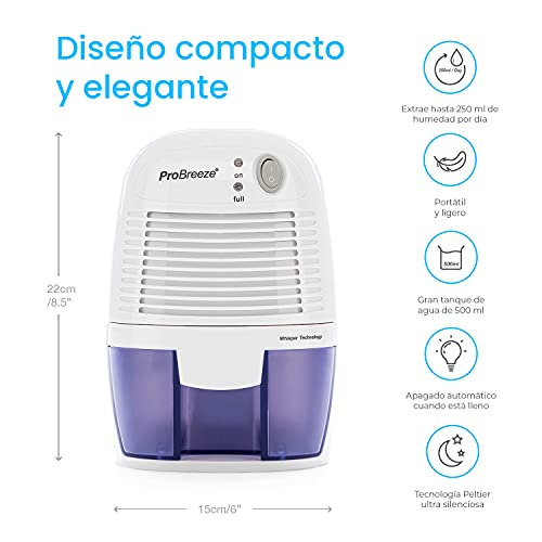 Pro Breeze Mini Deshumidificador 500ml Eléctrico, Silencioso y Portátil. Apagado automático. Contra la Humedad y el Olor. Elimina el Moho de la Habitación, Baño y Cocina