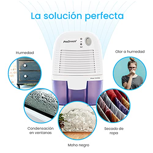 Pro Breeze Mini Deshumidificador 500ml Eléctrico, Silencioso y Portátil. Apagado automático. Contra la Humedad y el Olor. Elimina el Moho de la Habitación, Baño y Cocina