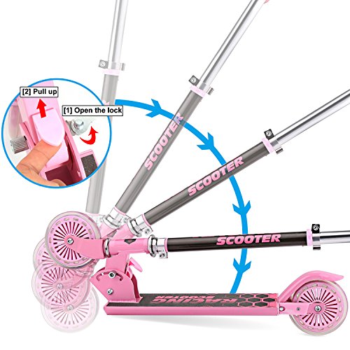 Profun Patinete 2 Ruedas Patinete Plegable para Niños Patinete Infantil con Freno Altura del Manillar Ajustable Patinete Niño Scooter con Luz Led Patinete con Luces para Niñas de 3 - 7 Años (Rosa)