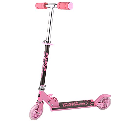 Profun Patinete 2 Ruedas Patinete Plegable para Niños Patinete Infantil con Freno Altura del Manillar Ajustable Patinete Niño Scooter con Luz Led Patinete con Luces para Niñas de 3 - 7 Años (Rosa)