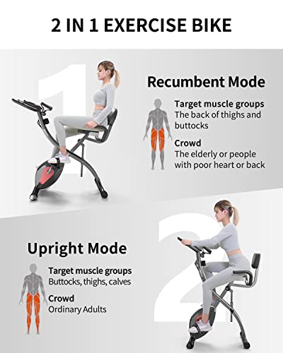 PROIRON Bicicleta Estática Plegable, Fitness Bicicleta de Ejercicio con Respaldo, Banda de Resistencia, 8 Niveles Resistencia Magnética,Sensor de Pulso, Altura Ajustable, Peso Máx. 120 kg