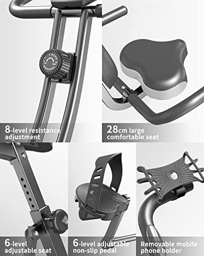 PROIRON Bicicleta Estática Plegable, Fitness Bicicleta de Ejercicio con Respaldo, Banda de Resistencia, 8 Niveles Resistencia Magnética,Sensor de Pulso, Altura Ajustable, Peso Máx. 120 kg