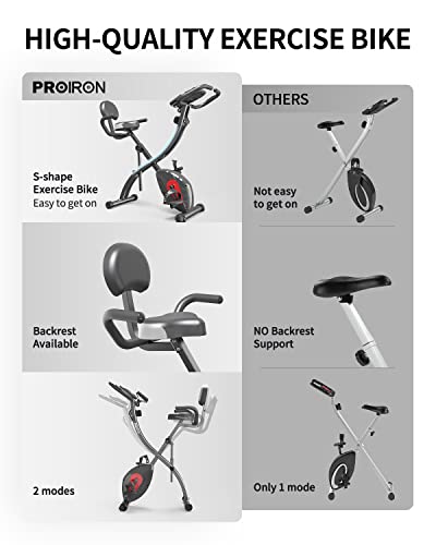 PROIRON Bicicleta Estática Plegable, Fitness Bicicleta de Ejercicio con Respaldo, Banda de Resistencia, 8 Niveles Resistencia Magnética,Sensor de Pulso, Altura Ajustable, Peso Máx. 120 kg