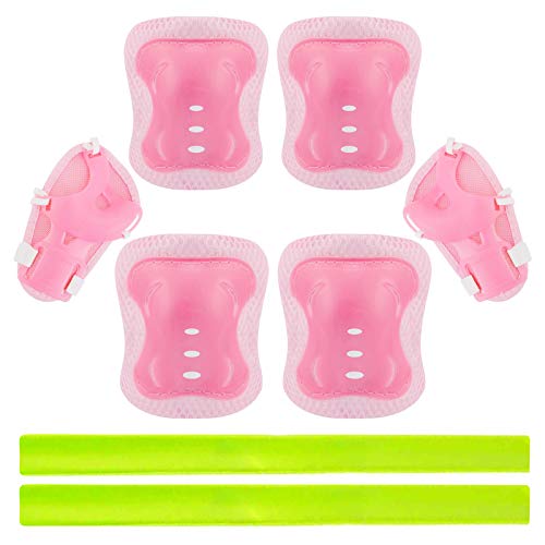 Protecciones Patines, Rodilleras Coderas Muñequeras, Almohadillas para Rodillas Codo Muñeca Niños, para Monopatín, Skate, Patines, Patinaje, Scooter, Bicicleta, con 2 Tiras Reflectantes, Rosa