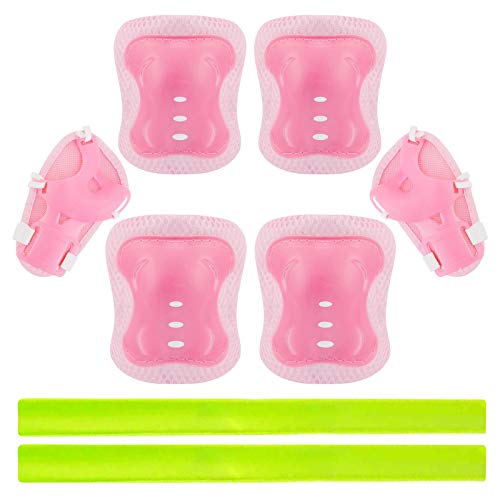 Protecciones Patines, Rodilleras Coderas Muñequeras, Almohadillas para Rodillas Codo Muñeca Niños, para Monopatín, Skate, Patines, Patinaje, Scooter, Bicicleta, con 2 Tiras Reflectantes, Rosa