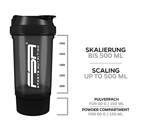 Proteína Shaker de 500 ml, con compartimento para los polvos de 100 ml, con tamiz, Botella Mezcladora, a prueba de fugas, BPA libre, FSA Nutrition - Negro