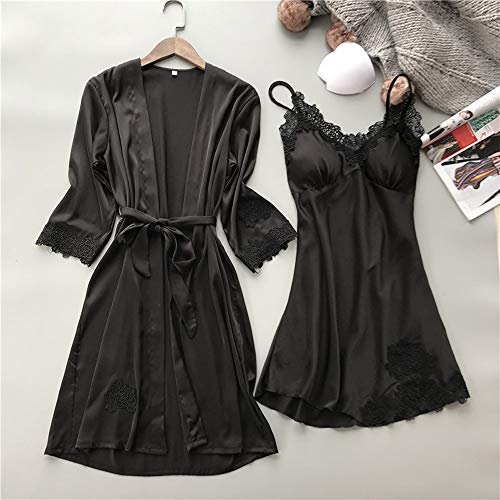 Proumy Pijama Verano de Talla Grande Mujer Kimono Negro Seda con Camisola Conjunto Bata Sexy Vestido de Cama Dos Pieza Ropa de Dormir con Manga de Encaje Floral Sólido Traje de Noche con Cinturón