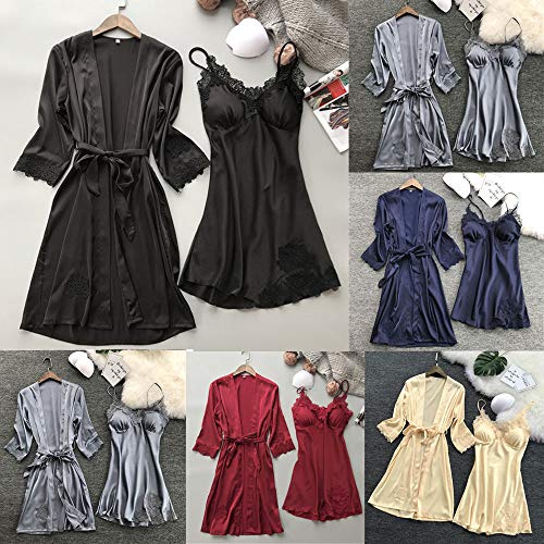 Proumy Pijama Verano de Talla Grande Mujer Kimono Negro Seda con Camisola Conjunto Bata Sexy Vestido de Cama Dos Pieza Ropa de Dormir con Manga de Encaje Floral Sólido Traje de Noche con Cinturón