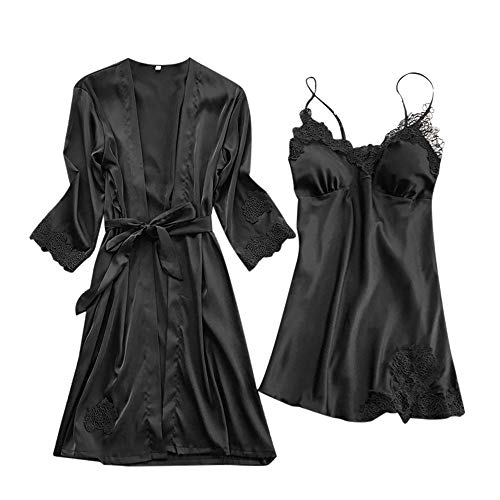 Proumy Pijama Verano de Talla Grande Mujer Kimono Negro Seda con Camisola Conjunto Bata Sexy Vestido de Cama Dos Pieza Ropa de Dormir con Manga de Encaje Floral Sólido Traje de Noche con Cinturón