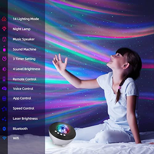 Proyector Estrellas Aurora Febotak Proyector Planetarium Galaxias Luz Noctura Altavoz Música, 8 Sonidos Ambientales & Melodías, Compatible con Alexa, Control App/Remote/Voz, 48 Colores