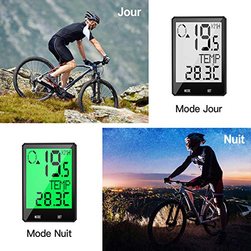 Prumya - Contador de bicicleta inalámbrico con 6 idiomas, impermeable, gran pantalla LCD, retroiluminación, multifunción, contador kilométrico, temperatura, velocidad, fácil de montar y programar