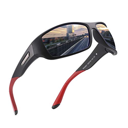 PUKCLAR Gafas de Sol Hombre Polarizadas, Deportivas, para Ciclismo, para Mujer, Protecci¨®n UV400, Cat 3 CE C3 Negro / Azul, Efecto Espejo, Cat 3. L