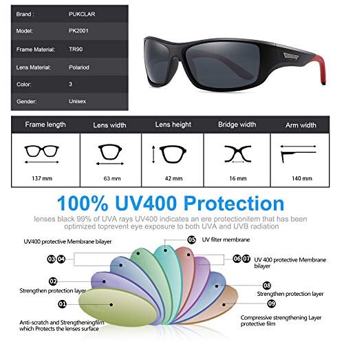 Pukclar Gafas de Sol Hombre Polarizadas, Deportivas, para Ciclismo, para Mujer, Protección UV400, Cat 3 CE Marco Negro C2 / Cat 3 Gris. L