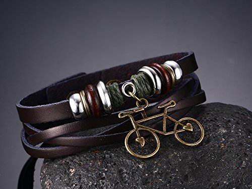 Pulsera de cuero auténtico con abalorio de bicicleta de aleación, vintage, punk, regalo ideal, para hombre, de Joielavie Jewellery