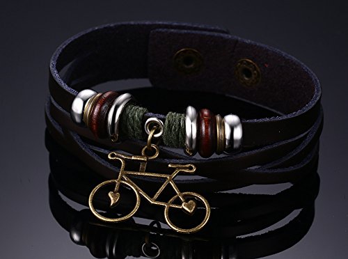 Pulsera de cuero auténtico con abalorio de bicicleta de aleación, vintage, punk, regalo ideal, para hombre, de Joielavie Jewellery