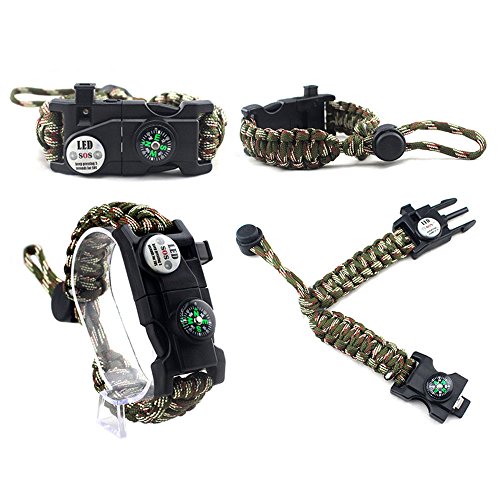 Pulsera de supervivencia ajustable 20 en 1, con cuerda de paracaídas de 7 núcleos. Equipo de emergencia de muñeca, para deportes, con luz SOS de LED, brújula, silbato de rescate y encendedor