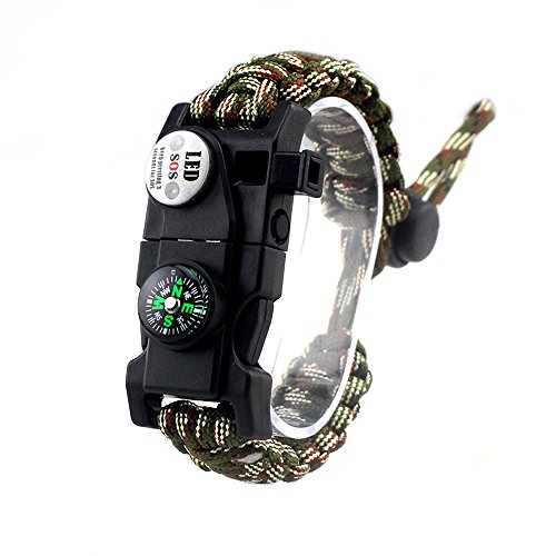 Pulsera de supervivencia ajustable 20 en 1, con cuerda de paracaídas de 7 núcleos. Equipo de emergencia de muñeca, para deportes, con luz SOS de LED, brújula, silbato de rescate y encendedor