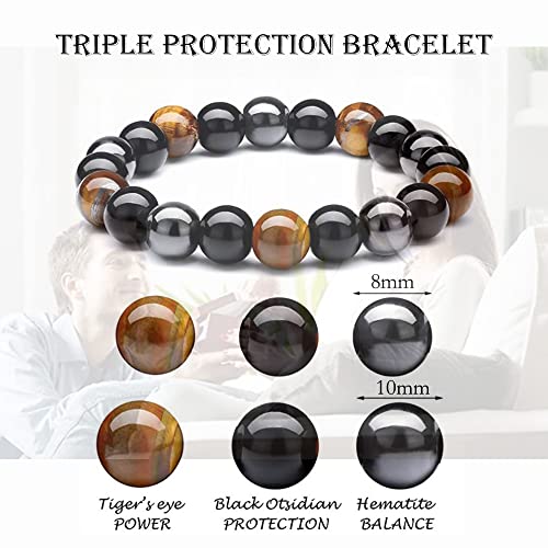 Pulsera de Triple Protección, 2 Piezas Pulsera Elástica de Ojo de Tigre, Pulsera Elástica de Piedra Curativa de Energía de Yoga, Trae Buena Suerte y Prosperidad, Pulsera Unisex de Buena Suerte