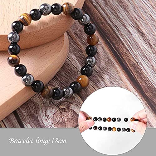 Pulsera de Triple Protección, 2 Piezas Pulsera Elástica de Ojo de Tigre, Pulsera Elástica de Piedra Curativa de Energía de Yoga, Trae Buena Suerte y Prosperidad, Pulsera Unisex de Buena Suerte