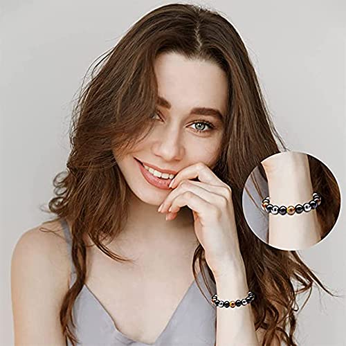 Pulsera de Triple Protección, 2 Piezas Pulsera Elástica de Ojo de Tigre, Pulsera Elástica de Piedra Curativa de Energía de Yoga, Trae Buena Suerte y Prosperidad, Pulsera Unisex de Buena Suerte