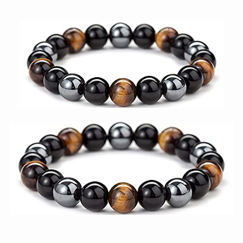 Pulsera de Triple Protección, 2 Piezas Pulsera Elástica de Ojo de Tigre, Pulsera Elástica de Piedra Curativa de Energía de Yoga, Trae Buena Suerte y Prosperidad, Pulsera Unisex de Buena Suerte