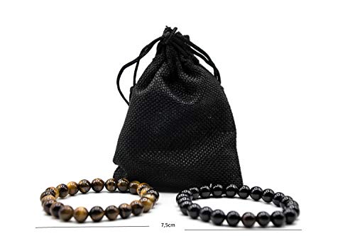 Pulsera Negra Turmalina y Pulsera Ojo de Tigre Piedra Natural Pulsera para Hombre Pulsera Mujer con Bolsa Regalo [Energética] 7,5cm Ajustable Curación Chakras Protección Elimina Estrés Ansiedad Joyas