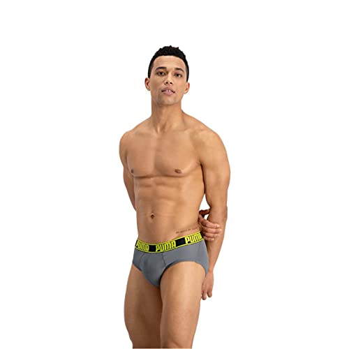 PUMA Active Brief 2p Packed Ropa Interior, Gris Grey Yellow, L (Pack de 2) para Hombre