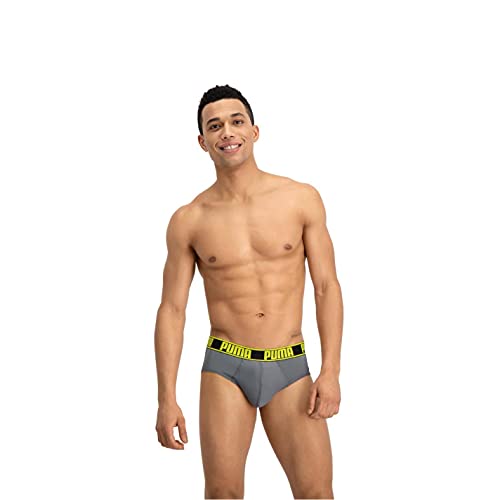 PUMA Active Brief 2p Packed Ropa Interior, Gris Grey Yellow, L (Pack de 2) para Hombre