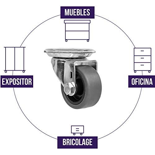 QC-EMILY40G22P 4 Ruedas para muebles 2 con freno y 2 sin freno. Placa de montaje y tornillos incluidos. No marca el suelo. Silenciosa. Cojinete Liso. (40, GRIS)