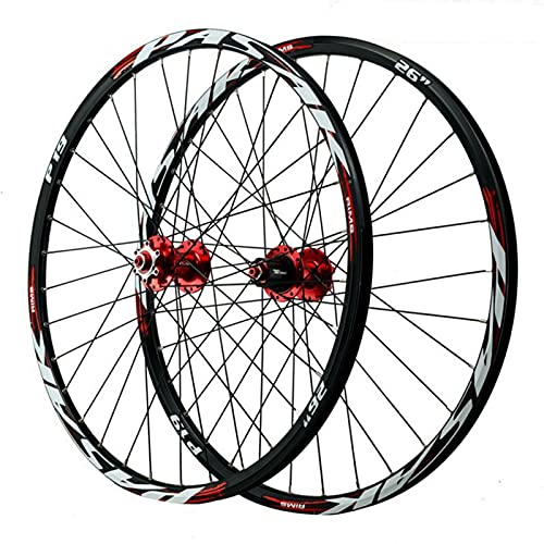 QERFSD 26/27.5/29 Pulgadas Juego Ruedas De Bicicleta, Freno Disco Llanta MTB Doble Pared Aleación Aluminio 32 Hoyos Liberación Rápida para Volante 7-12 Velocidades (Color : Red, Size : 26in)