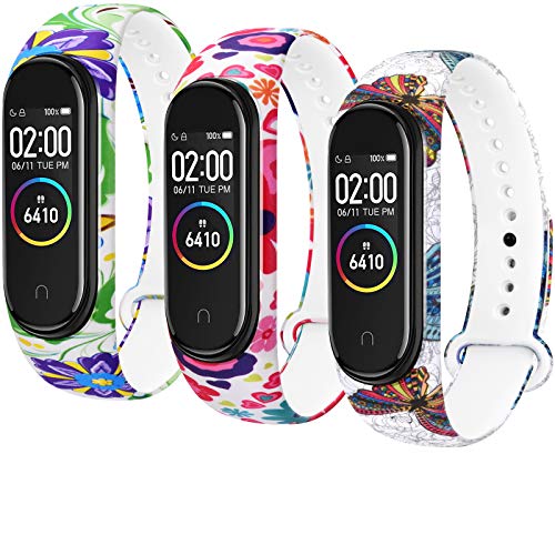 QHAN Compatible con Xiaomi Mi Band 4 Correa/Xiaomi Mi Band 3 Correa, Banda de Repuesto Reloj Silicona Coloridos para Xiaomi Mi Band 4 Pulseras Mujer Hombre (Flor Rosa/Flor púrpura/Mariposa)