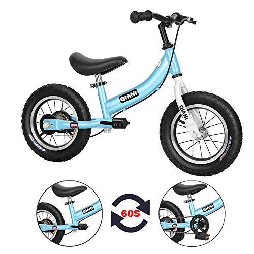 Qiani Bicicleta sin pedales 2 en 1 para niños pequeños, 2 3 4 5 6 7 años, 12 14 16 pulgadas, con ruedas, frenos, juego de pedales (azul, 14 pulgadas)